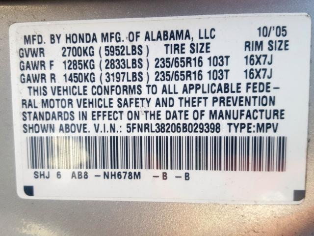 5FNRL38206B029398 - 2006 HONDA ODYSSEY LX  photo 10