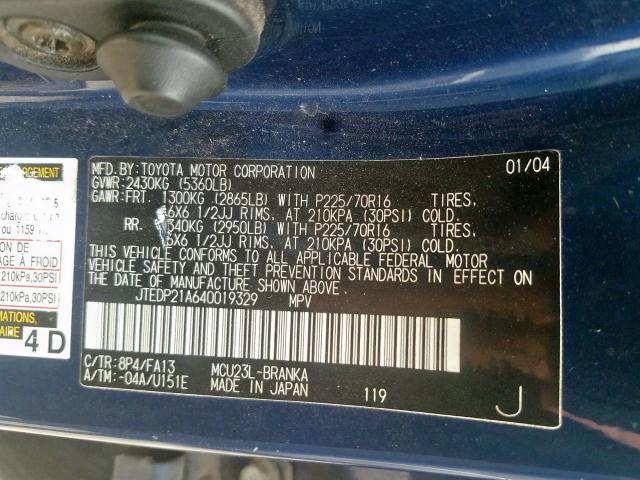 JTEDP21A640019329 - 2004 TOYOTA HIGHLANDER BASE  photo 10