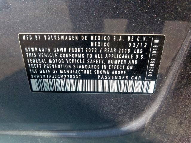 3VW2K7AJ2CM378337 - 2012 VOLKSWAGEN JETTA BASE  լուսանկար 10