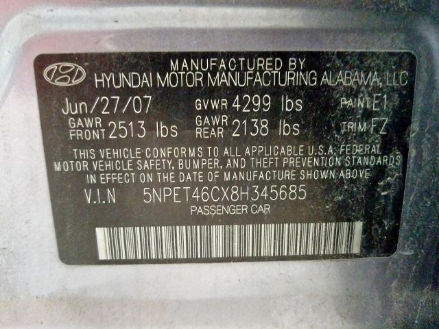 5NPET46CX8H345685 - 2008 HYUNDAI SONATA GLS  photo 10