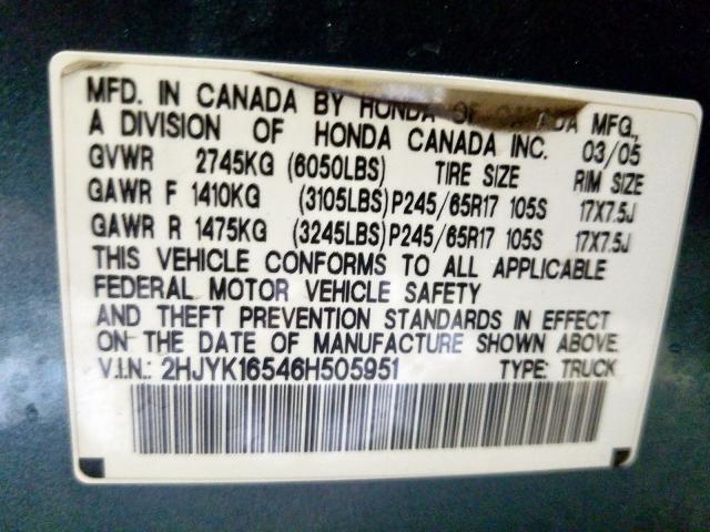 2HJYK16546H505951 - 2006 HONDA RIDGELINE RTL  photo 10