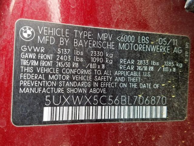 5UXWX5C56BL706870 - 2011 BMW X3 XDRIVE28I  ფოტო 10