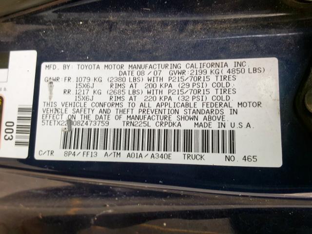 5TETX22N08Z473759 - 2008 TOYOTA TACOMA ACCESS CAB  ფოტო 10
