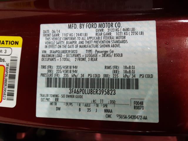 3FA6P0LU8ER395823 - 2014 FORD FUSION SE HYBRID  photo 10