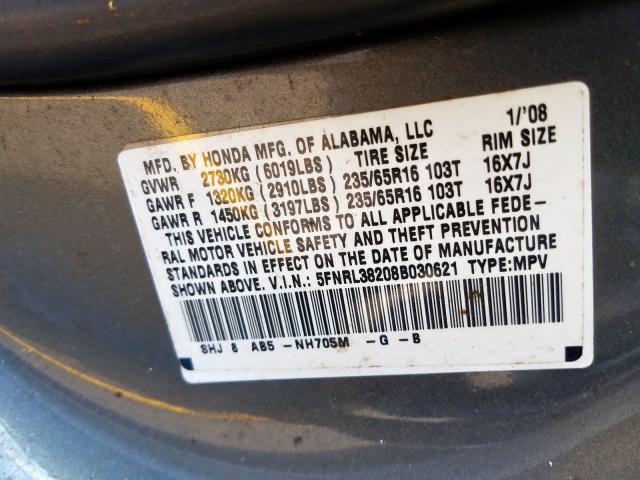 5FNRL38208B030621 - 2008 HONDA ODYSSEY LX  photo 10