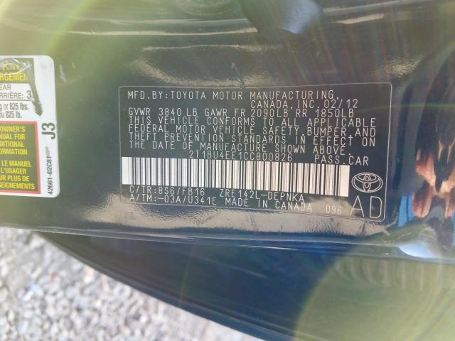 2T1BU4EE1CC800826 - 2012 TOYOTA COROLLA BASE  photo 10