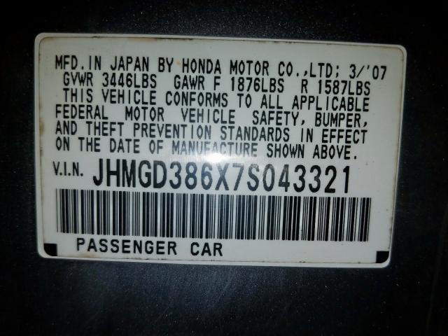JHMGD386X7S043321 - 2007 HONDA FIT S  照片 10