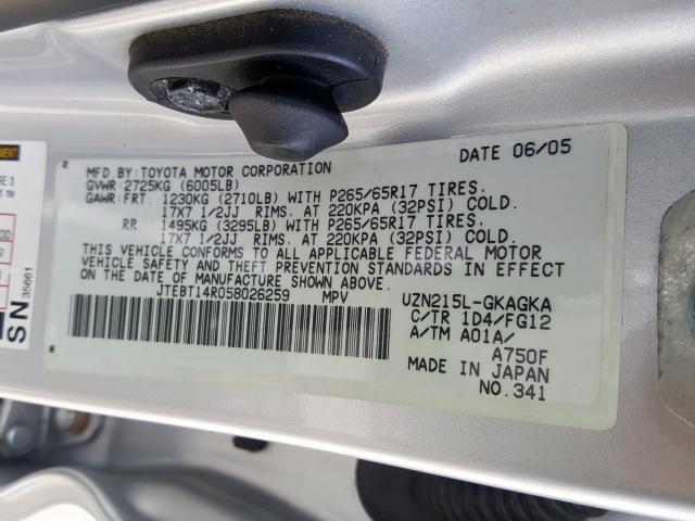 JTEBT14R058026259 - 2005 TOYOTA 4RUNNER SR5  photo 10