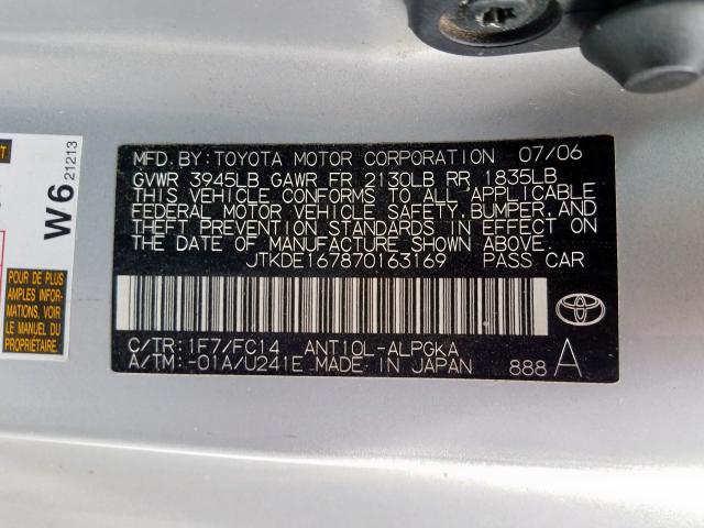 JTKDE167870163169 - 2007 TOYOTA SCION TC  ფოტო 10