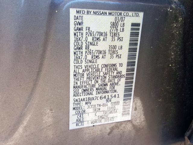 5N1AR18UX7C641541 - 2007 NISSAN PATHFINDER LE  ფოტო 10