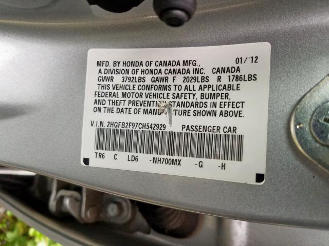 2HGFB2F97CH542929 - 2012 HONDA CIVIC EXL  照片 10