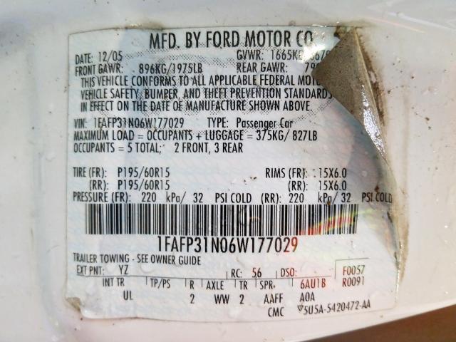 1FAFP31N06W177029 - 2006 FORD FOCUS ZX3  photo 10