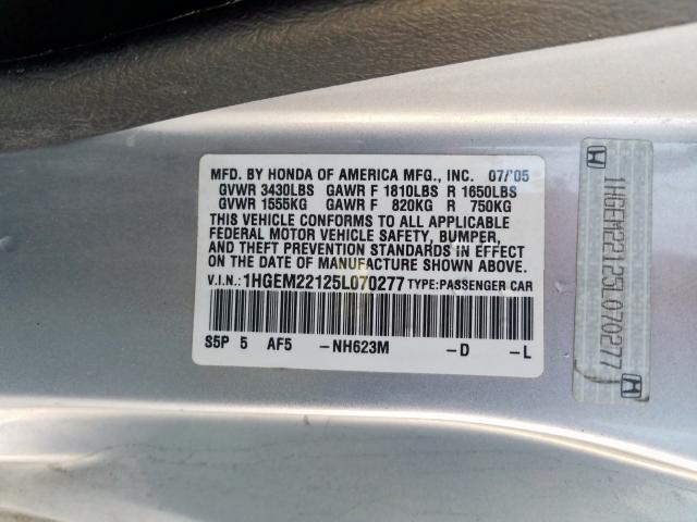 1HGEM22125L070277 - 2005 HONDA CIVIC DX VP  photo 10