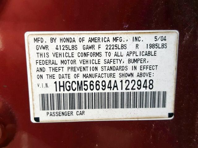 1HGCM56694A122948 - 2004 HONDA ACCORD EX  photo 10