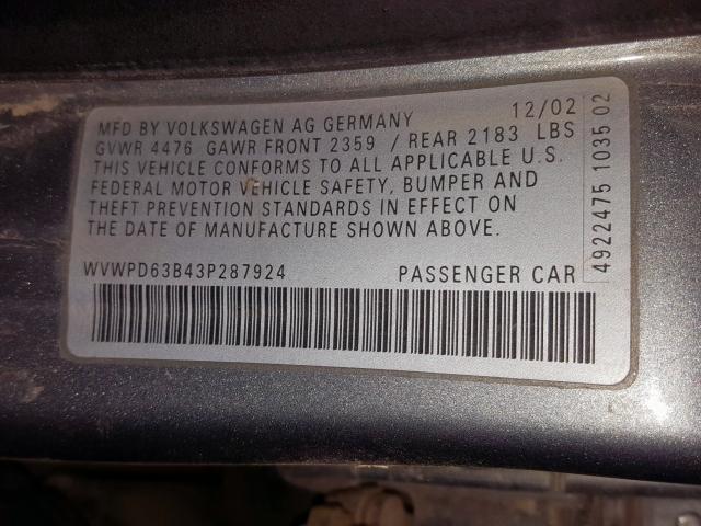 WVWPD63B43P287924 - 2003 VOLKSWAGEN PASSAT GLS  photo 10