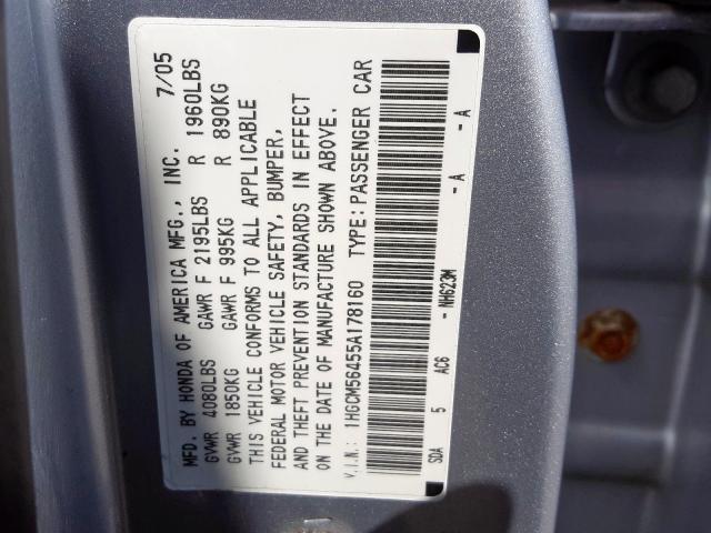 1HGCM56455A178160 - 2005 HONDA ACCORD LX  photo 10