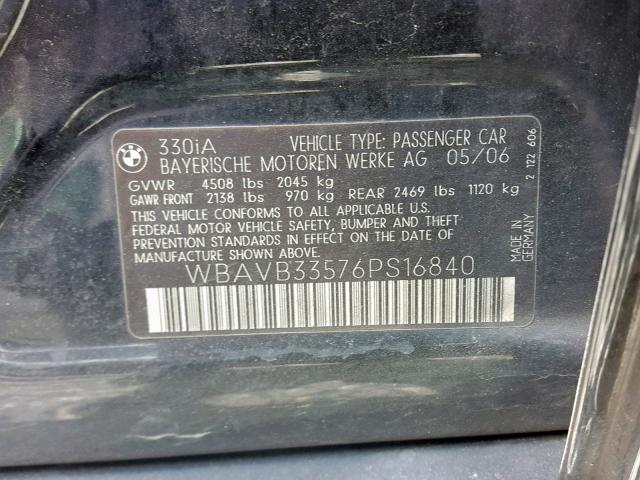 WBAVB33576PS16840 - 2006 BMW 330 I BLACK photo 10