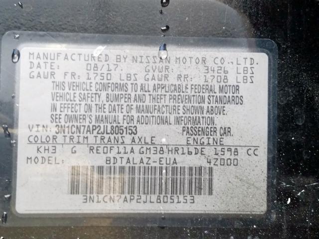 3N1CN7AP2JL805153 - 2018 NISSAN VERSA S  photo 10