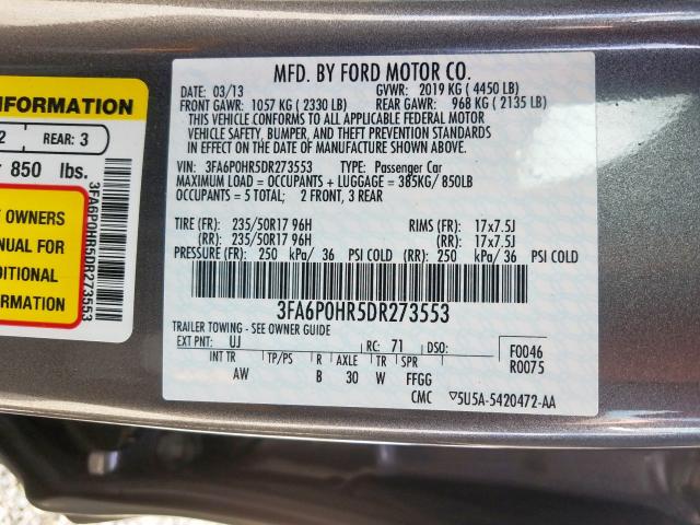 3FA6P0HR5DR273553 - 2013 FORD FUSION SE  photo 10