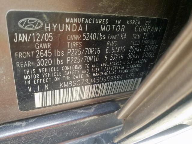 KM8SC73D45U959694 - 2005 HYUNDAI SANTA FE GLS  photo 10