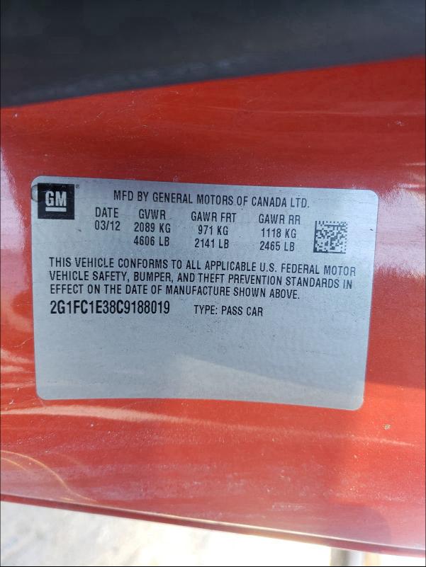 2G1FC1E38C9188019 - 2012 CHEVROLET CAMARO LT ORANGE photo 10