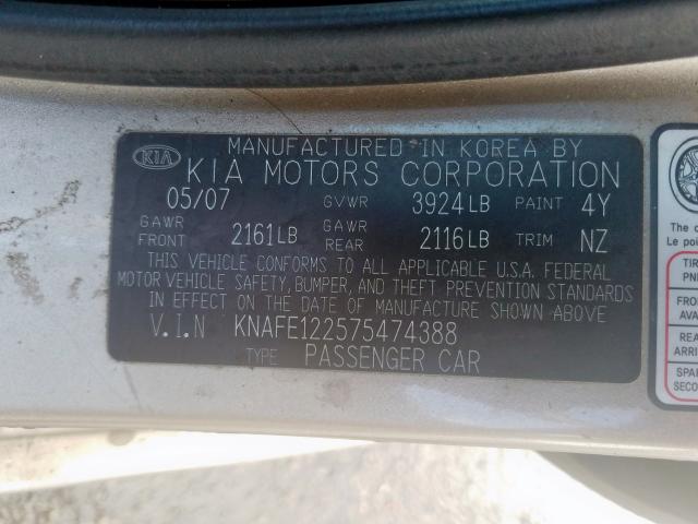 KNAFE122575474388 - 2007 KIA SPECTRA EX  photo 10