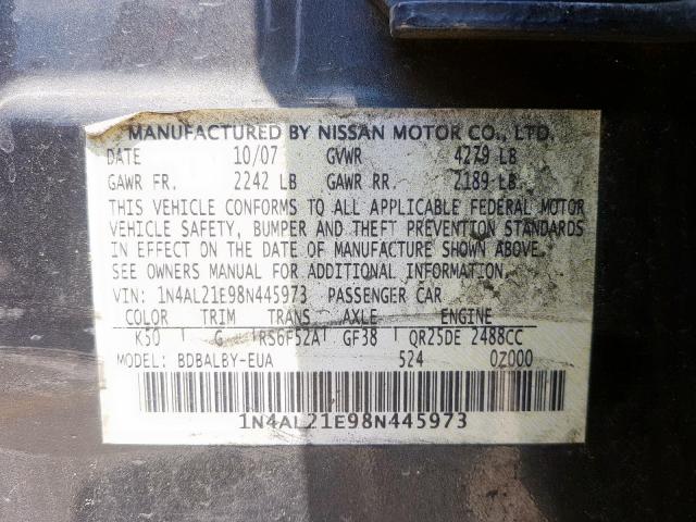 1N4AL21E98N445973 - 2008 NISSAN ALTIMA 2.5  photo 10