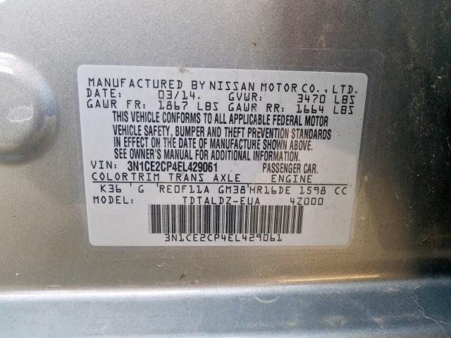 3N1CE2CP4EL429061 - 2014 NISSAN VERSA NOTE S  photo 10