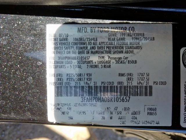 3FAHP0HA0BR105657 - 2011 FORD FUSION SE  photo 10