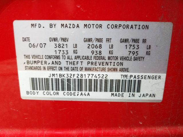 JM1BK32F281774522 - 2008 MAZDA 3 I  photo 10