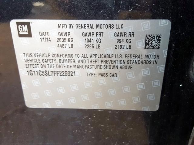 1G11C5SL7FF225921 - 2015 CHEVROLET MALIBU 1LT  照片 9