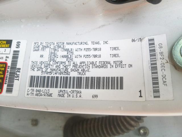 5TFRM5F14FX093582 - 2015 TOYOTA TUNDRA DOUBLE CAB SR/SR5  photo 10