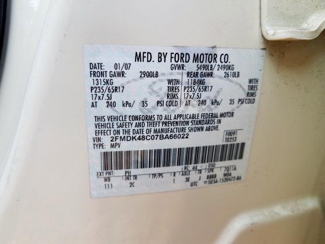 2FMDK48C07BA66022 - 2007 FORD EDGE SEL  photo 10