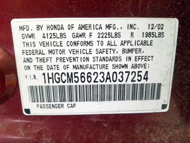 1HGCM56623A037254 - 2003 HONDA ACCORD EX  photo 10