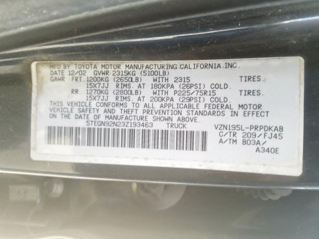 5TEGN92N23Z193463 - 2003 TOYOTA TACOMA DOUBLE CAB PRERUNNER  photo 10