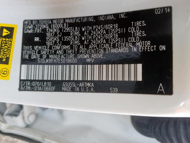 5TDJKRFH7ES018600 - 2014 TOYOTA HIGHLANDER XLE  ფოტო 10