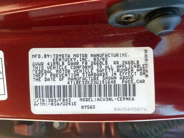 4T1BE32K23U191648 - 2003 TOYOTA CAMRY LE  photo 10
