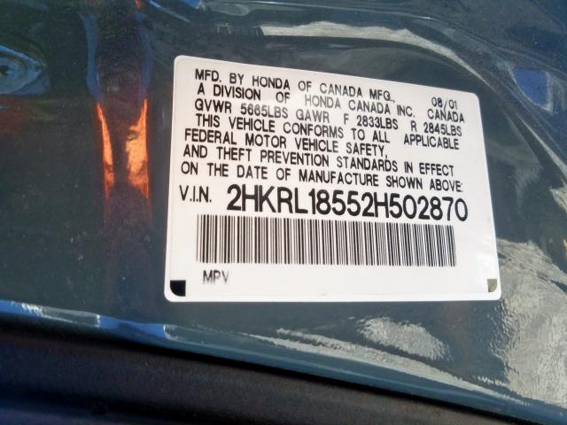 2HKRL18552H502870 - 2002 HONDA ODYSSEY LX  photo 10