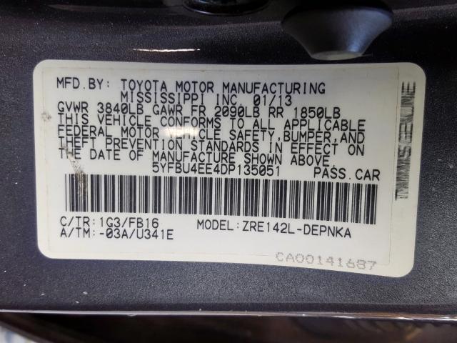 5YFBU4EE4DP135051 - 2013 TOYOTA COROLLA BASE  照片 10