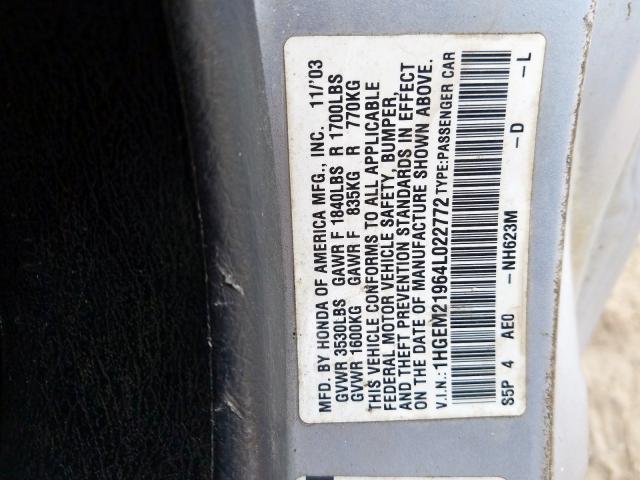 1HGEM21964L022772 - 2004 HONDA CIVIC EX  photo 10