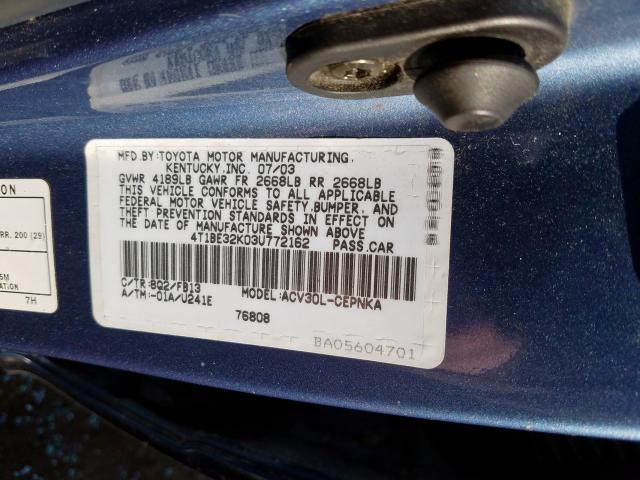 4T1BE32K03U772162 - 2003 TOYOTA CAMRY LE  photo 10
