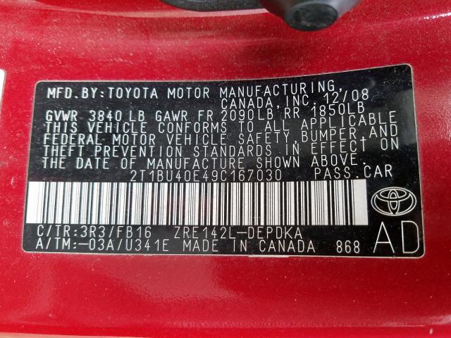 2T1BU40E49C167030 - 2009 TOYOTA COROLLA BASE  photo 10