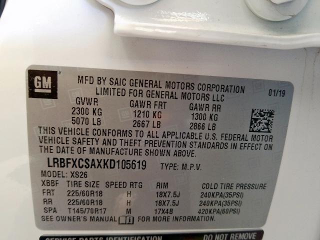 LRBFXCSAXKD105619 - 2019 BUICK ENVISION ESSENCE  ფოტო 10