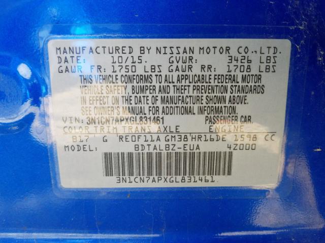 3N1CN7APXGL831461 - 2016 NISSAN VERSA S  photo 10