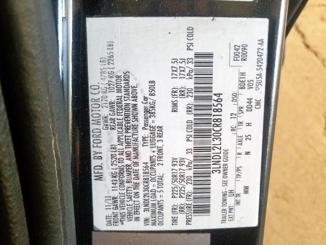 3LNDL2L30CR818564 - 2012 LINCOLN MKZ HYBRID  photo 10