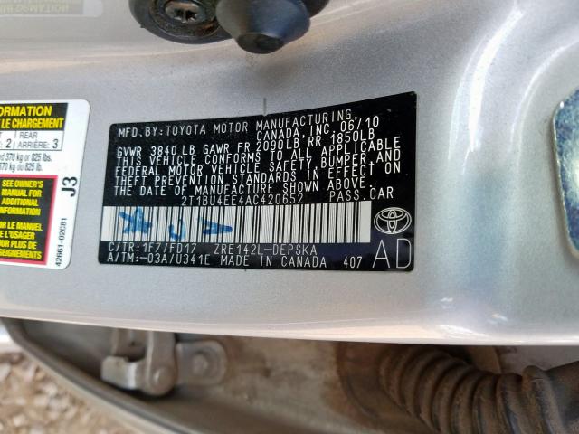 2T1BU4EE4AC420652 - 2010 TOYOTA COROLLA BASE  照片 10