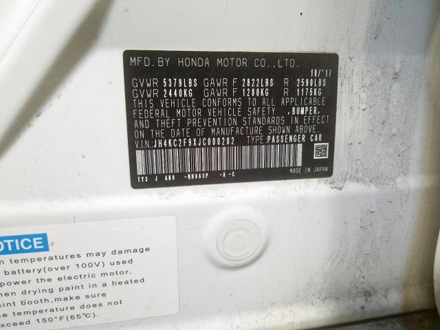 JH4KC2F9XJC000202 - 2018 ACURA RLX SPORT HYBRID ADVANCE WHITE photo 10