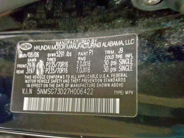 5NMSG73D27H006422 - 2007 HYUNDAI SANTA FE GLS  photo 10