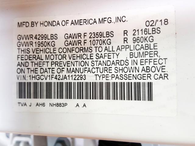 1HGCV1F42JA112293 - 2018 HONDA ACCORD EX  photo 10