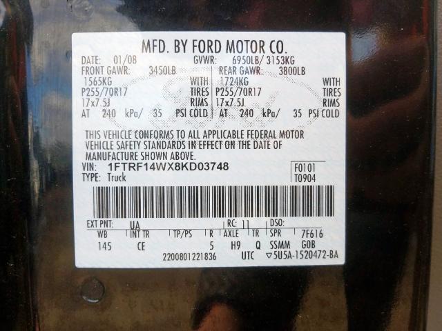 1FTRF14WX8KD03748 - 2008 FORD F150  photo 10